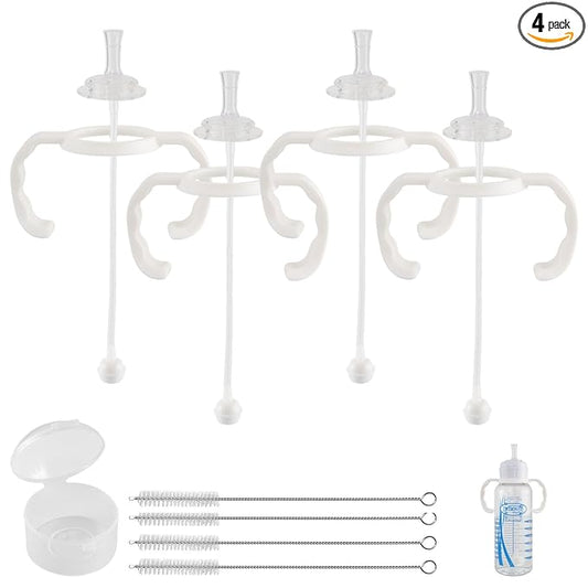Straw Cup Conversion Kit for Dr Browns Narrow and Narrow Glass Baby Bottles, Spill-Proof Transition Kit with Silicone Straw Nipple, Weighted Straw, Handle, 4 Pack, 8m+
