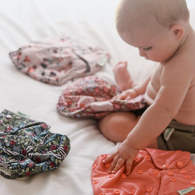 Kinder Cloth Diapers Reusable Baby Diapers Pocket Style Athletic Wicking Jersey, Bamboo Viscose Inserts, Wet Bag, Newborn to Potty Training 7-60lbs, One Size (Garden Party, 5 Pack, with Inserts)