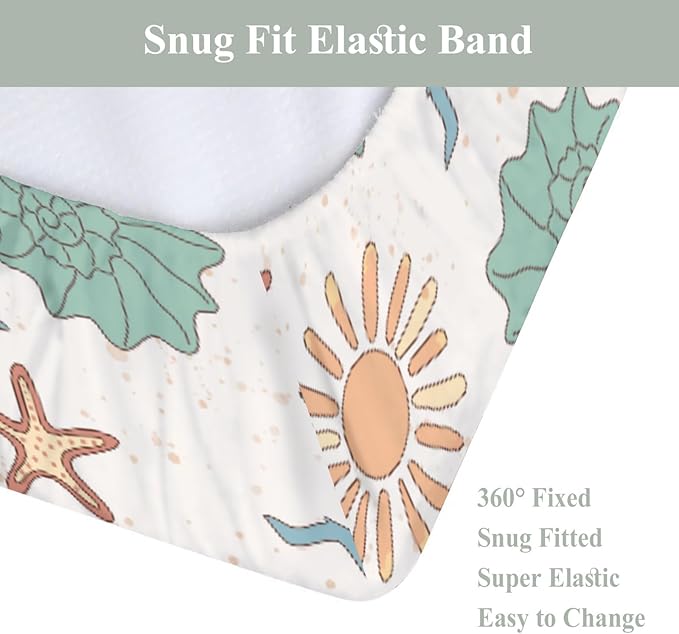Boho Beach Summer Changing Pad Covers for Baby Girls Boys Retro Seaside Holiday Fitted Change Table Pad Covers Mats Sun Seashells Castle Soft Diaper Changing Pad Sheets for 32''×16'' Contoured Pad