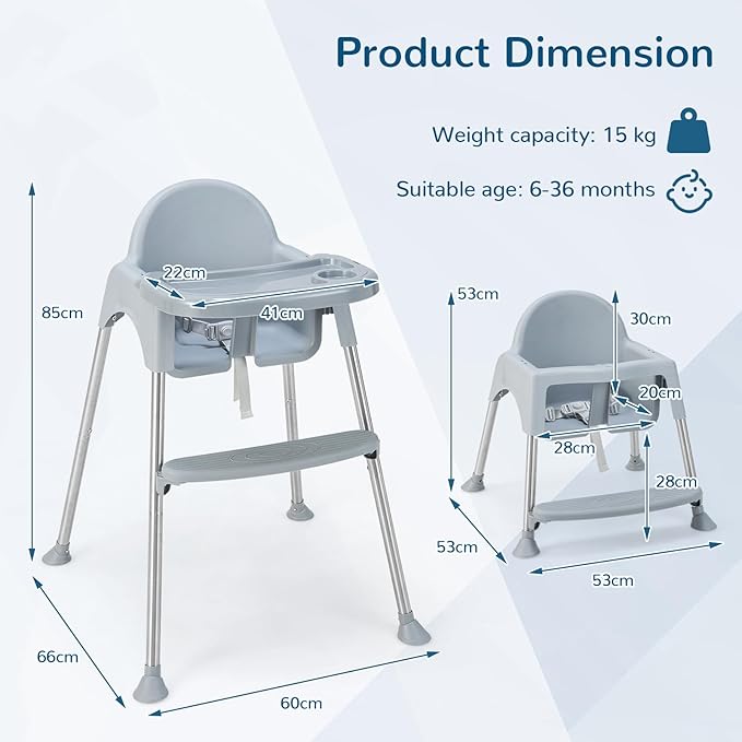 HONEY JOY Baby High Chair, 4 in 1 Convertible Highchair for Babies and Toddlers, Adjustable Legs, Double Removable Tray & Footrest, 3-Point Safety Harness for Infants Boys Girls (Gray)