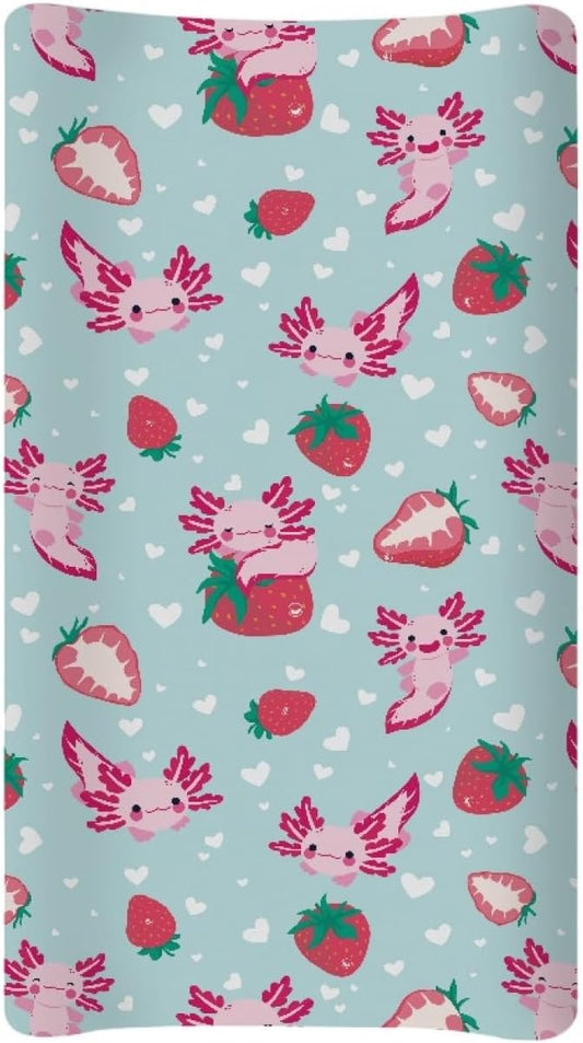GOSTONG Axolotl Strawberry Baby Changing Table Cover for Toddlers Removable Soft Breathable Stretchy Diaper Changing Pad Sheets, Newborn Washable Changing Mat Covers