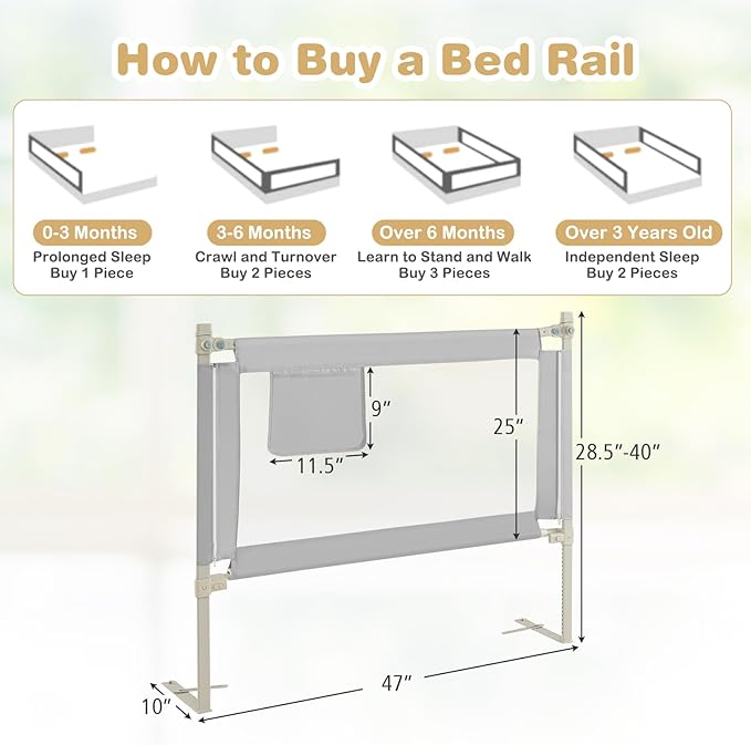 HONEY JOY Bed Rail for Toddlers, 47-Inch Extra Long, Portable Safety Bed Guard Rail w/Side Pocket, Toddler Bed Rails for Crib, King Queen Full Twin Size Bed Mattress (Gray, 2 Pack)