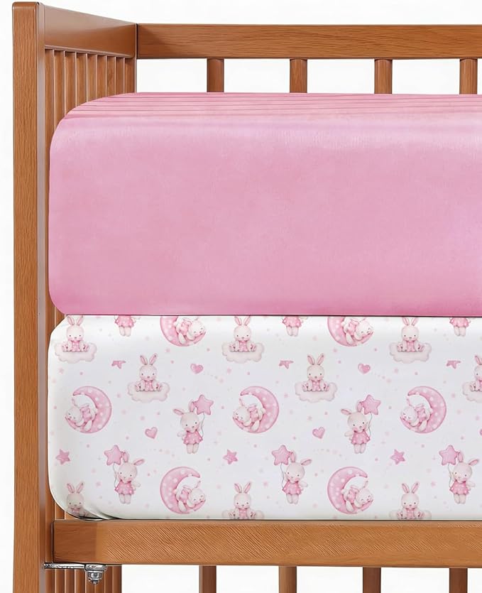 2-Pack Mini Crib Sheets Fitted - Pack N Play Sheets for Pack and Play Mattress - Stretchy Soft Microfiber Playard Bedding - Mini Toddler Bed Cover for Boys & Girls - Oeko-Tex - 38 x 24in, Bunny Dream