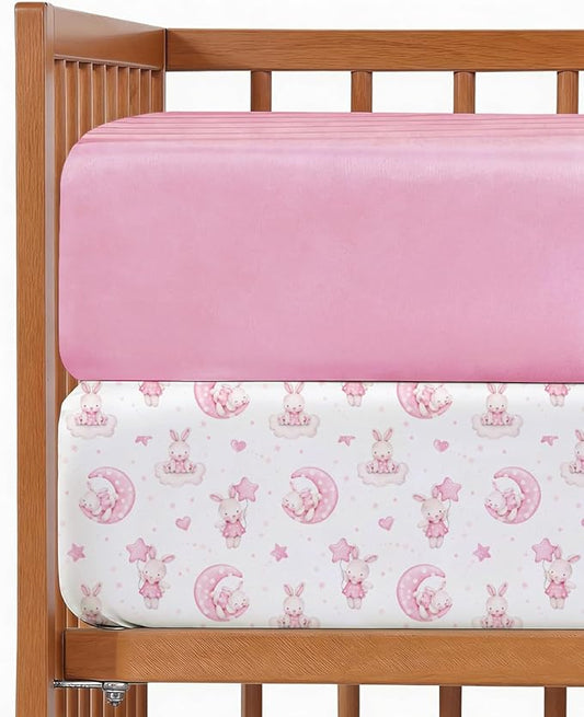 Baby Crib Sheets for Boys & Girls - Pack of 2 Fitted Microfiber Crib Sheets for Standard Crib & Toddler Mattress - Soft, Breathable & Wrinkle Free - Machine Washable, Oeko Tex, 52x28x8in - Bunny Dream