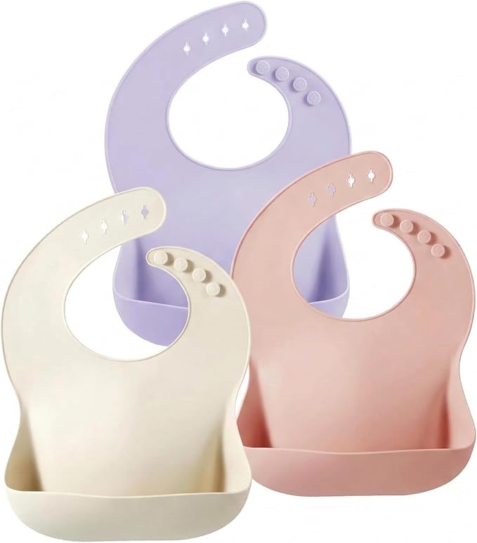 PandaEar Set of 3 Silicone Baby Bibs Waterproof, Soft, Unisex, 10-72 Months (Pink/Purple/Linen)