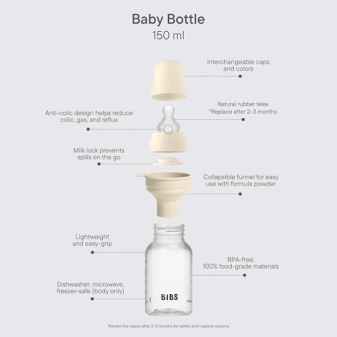 BIBS Baby Bottle 5 oz / 150 ml Silicone Nipple - Anti-Colic, BPA-Free, Round Nipple, Slow Flow, Lightweight & Easy to Clean, Suitable for Newborns 0+ Years - Blush
