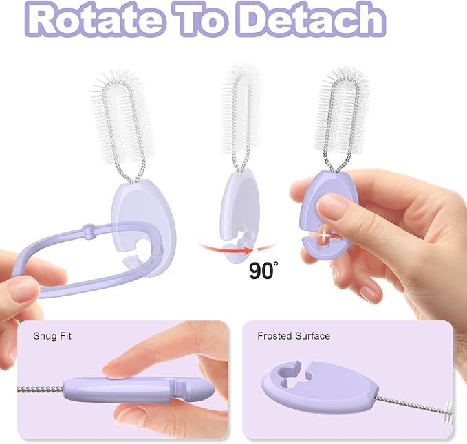 YOTIME 4in1 Straw Cleaner Brush Set, Reusable Standing Straw Brushs with Holder Ring, for Wide and Narrow Straws, Tumblers, Water Bottles and Cups, Purple