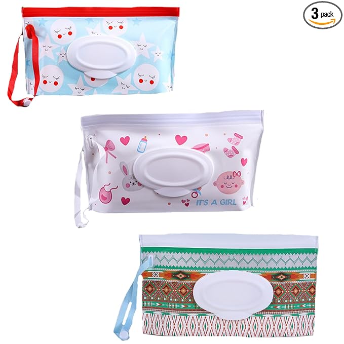 3 Pack Baby Wipes Dispenser,Reusable Portable Wipe Holder,Travel Wipes Pouch Baby Wipes Containe,Wet Wipe Bag for Baby or Personal