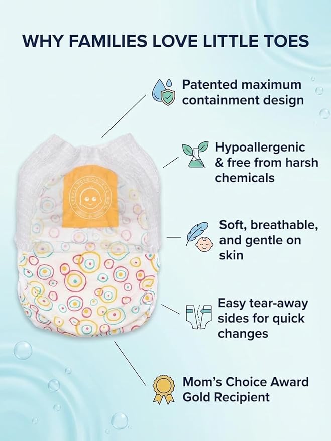 Little Toes Premium Natural Disposable Swim Diapers, Size 3-4 Medium (20-30 lbs) (12 Count) | Baby Disposable Swim Diapers | Hypoallergenic, Chlorine & Fragrance-Free | Gentle on Sensitive Skin