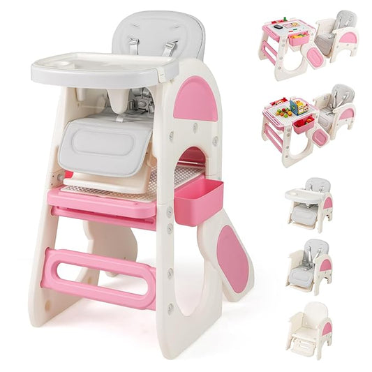 BABY JOY Baby High Chair, 8 in 1 Convertible High Chairs for Babies and Toddlers, Building Block Table and Chair Set, Adjustable Backrest, Removable Double Tray, Storage Boxes, Safety Harness (Pink)