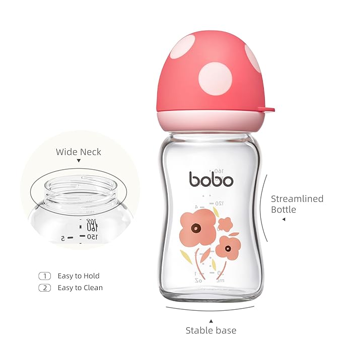 YOHKOH Natural Glass Baby Bottle with Level 1 Slow Flow Nipple, Newborn Anti-Colic Baby Bottles, Wide Neck Mushroom Baby Glass Bottle ((5.4oz (Pack of 2), Multicolour)