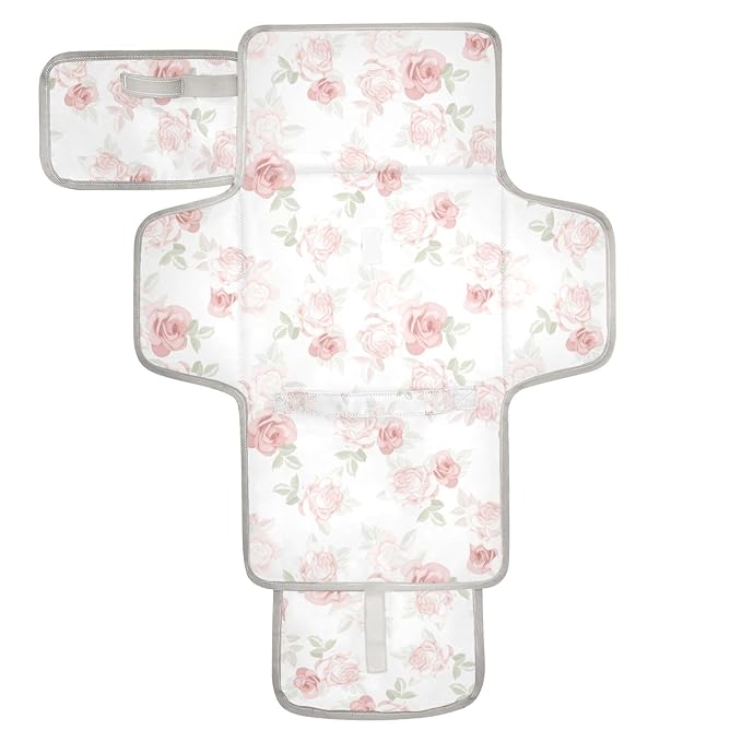 Pink Roses Portable Diaper Changing Pad with Wipes Holder, Beautiful Flower Leaves Foldable Baby Diaper Changer Travel Bag Beauty Floral Baby Changing Mat with Built-in Pillow for Newborn