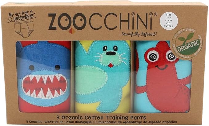 ZOOCCHINI Toddler 3-Pack Potty Training Pants - Soft Organic Cotton Underwear with Absorbent Padding and Fun Designs, Ocean Pals, 3-4 Years