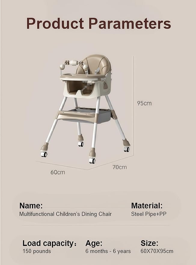 PU Leather Baby High Chair with Rocking Mode for Babies and Toddlers, Foldable Baby Eating Chair with Adjustable Backrests and Heights, Convertible Highchairs with Wheels (Khaki)