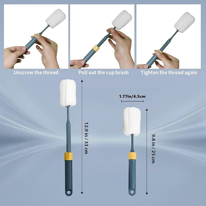 Sponge Bottle Brushes Adjustable Long Handle Up to 12.9” High Density Foam Bottle Brush Head Hanging Design with 4 Traceless Hooks– Bottle Brush Cleaner for Water Bottle & More (2 Pack)