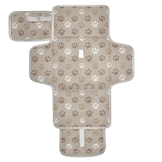 Dog Paws Portable Diaper Changing Pad with Wipes Holder, Brown and White Paw Foldable Baby Diaper Changer Travel Bag Cute Baby Changing Mat with Built-in Pillow for Newborn