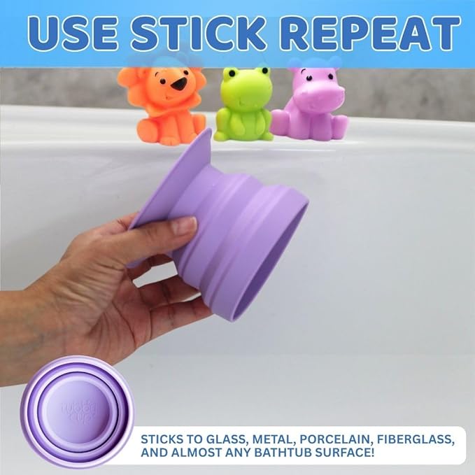 TubbyCup Toddler Bath Rinse Cup – Easy Hair Rinsing Without Tears, Suction Base Sticks to Tub, Soft Collapsible Silicone, BPA-Free (Purple)