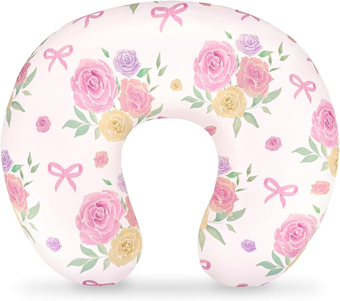 Nursing Pillow Cover, Floral Breastfeeding Pillow Cover for Baby Girls Boys, Soft Stretchy Nursing Pillowcase for Infant Newborn, Removable Slipcover for Nursing Pillows, Pink Rose(Only Cover)