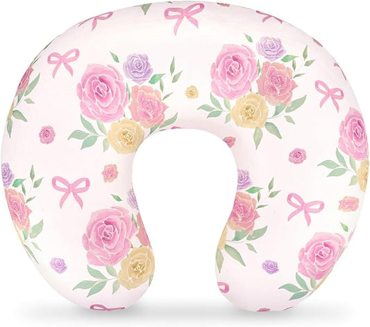 Nursing Pillow Cover, Floral Breastfeeding Pillow Cover for Baby Girls Boys, Soft Stretchy Nursing Pillowcase for Infant Newborn, Removable Slipcover for Nursing Pillows, Pink Rose(Only Cover)