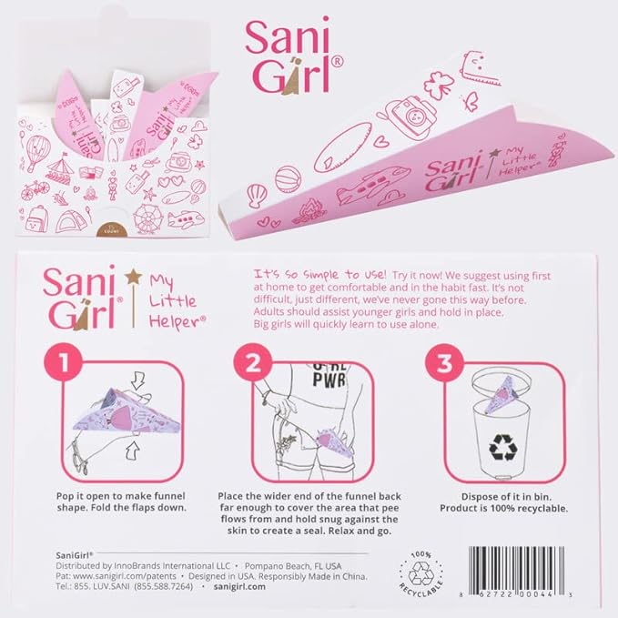 SanGirl My Little Helper Girl Pee Funnel | Disposable Pee Funnel | Pee Cup for Kids | Girl Urinal Portable | Travel Potty Aid for Girls to Stand to Pee and Stay Neat Clean On the Go (Pack of 15)