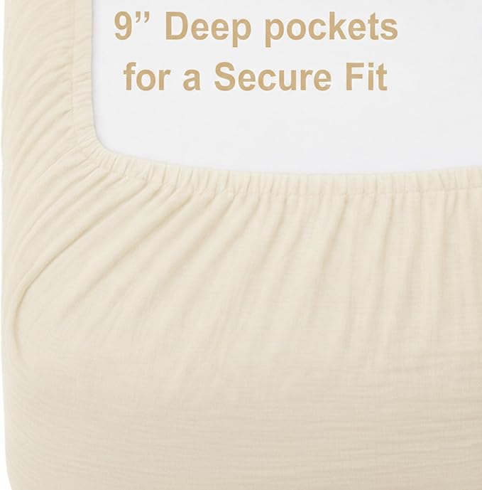 2 Pack Creamy Beige Muslin Crib Sheets for Boys & Girl- Neutral Breathable Cotton Crib Mattress Sheets Fitted for Standard 28"x 52"- Nursery Décor No Slip Crib Bed Sheets