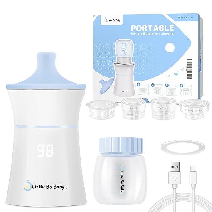 Portable Bottle Warmer Set, Little Bo Baby Portable Warmer with Baby Bottle and Adapter Travel Bottle Warmer for Breastmilk and Formula Bottle Warmer