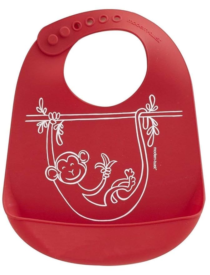 Modern Twist Bucket-Bib 100% Food-Grade Silicone, Waterproof and Reusable, Monkey Business – Red
