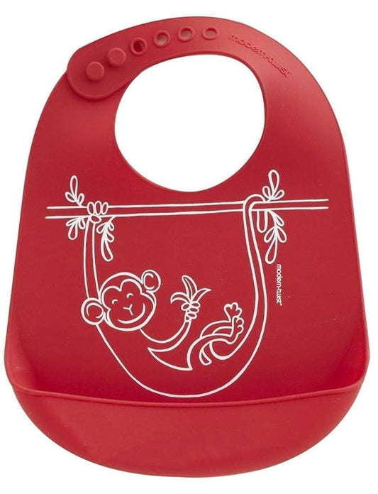 Modern Twist Bucket-Bib 100% Food-Grade Silicone, Waterproof and Reusable, Monkey Business – Red