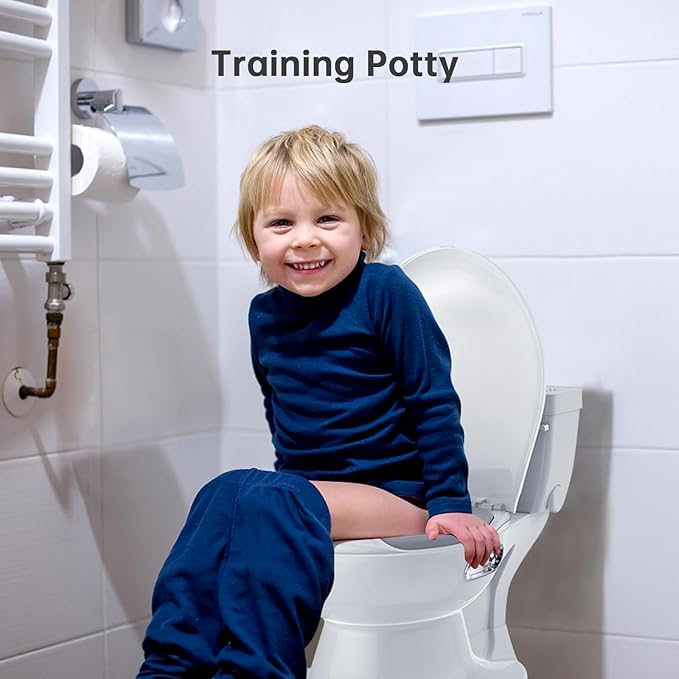 2-in-1 Toddler Potty Training Toilet with Removable Toilet Seat for Standard Toilets, Realistic Flush Sound, PVC Cushion, Portable Floor Potty Chair, White/Chrome, 18+ Months, Up to 50 lbs