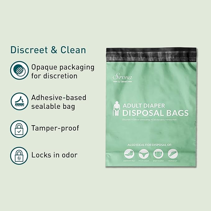 Sirona Disposable Bags for Adult Diapers | Discreet, Locks In Odors, Leak-Proof Adhesive, Environmentally Friendly & Biodegradable | Travel-Friendly Disposal Bags Pack of 30