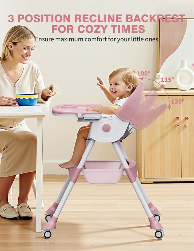 High Chairs for Babies and Toddlers, 4 in 1 Convertible Baby High Chair, Portable High Chair for Travel with Adjustable Height and Back, Foldable HighChair with Wheels& Pu Cushion