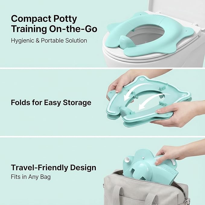 Foldable Travel Potty Seat for Toddler, Portable Toilet Training Seat for Kids on The Go, Fits Round & Oval Toilets with Non-Slip Base & Travel Bag for Car Airplane Essentials, Blue
