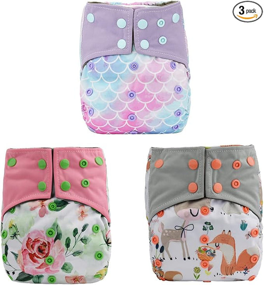 3 AIll in One Cloth Diapers Nappies for Night AIO Sewn in Insert Reusable Washable (Scale Floral)
