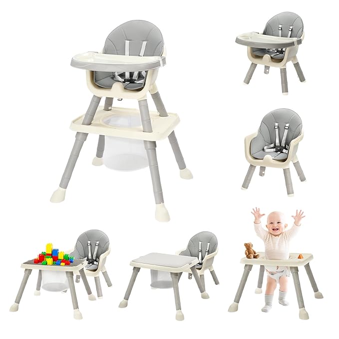 JOYMOR 7 in 1 Convertible Baby High Chair for Babies and Toddlers, Table and Chair Set, Infant Eating Highchair with Leather Seat Cushion
