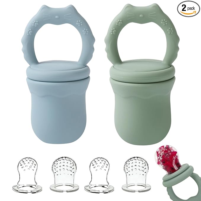 Socub 2 Pack Silicone Baby Fresh Fruit Food Feeder Pacifier with 3 Different Size Silicone Pouch for Teething Relief, Baby Frozen Feeder Teether Toy for 3, 6-12 Months, BPA Free (Sage, Ether)