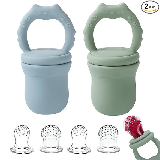 Socub 2 Pack Silicone Baby Fresh Fruit Food Feeder Pacifier with 3 Different Size Silicone Pouch for Teething Relief, Baby Frozen Feeder Teether Toy for 3, 6-12 Months, BPA Free (Sage, Ether)
