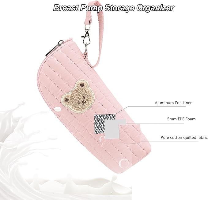 Insulated Baby Bottle Bag, Cotton Thermal Storage Organizer with Bear Design, 8.66x2.76x3.15 Inches, Light Blue, for Breast Milk Transport and Snacks (brown)