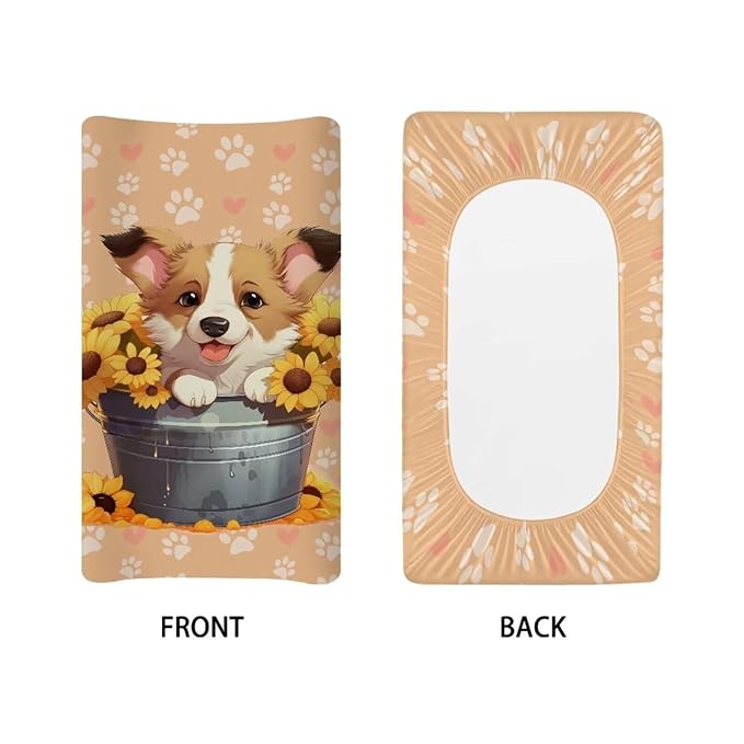 Stretchy Diaper Changing Table Cover, Snug and Soft Change Table Pad Covers Fit 16 * 32 Inches, Sunflower Puppy