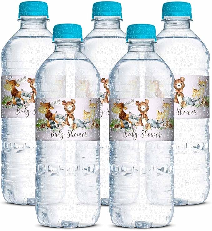 Watercolor Woodland Forest Animals Baby Shower Waterproof Water Bottle Sticker Wrappers 20 Wrap Around Labels Sized 1.75" x 8.5" by AmandaCreation