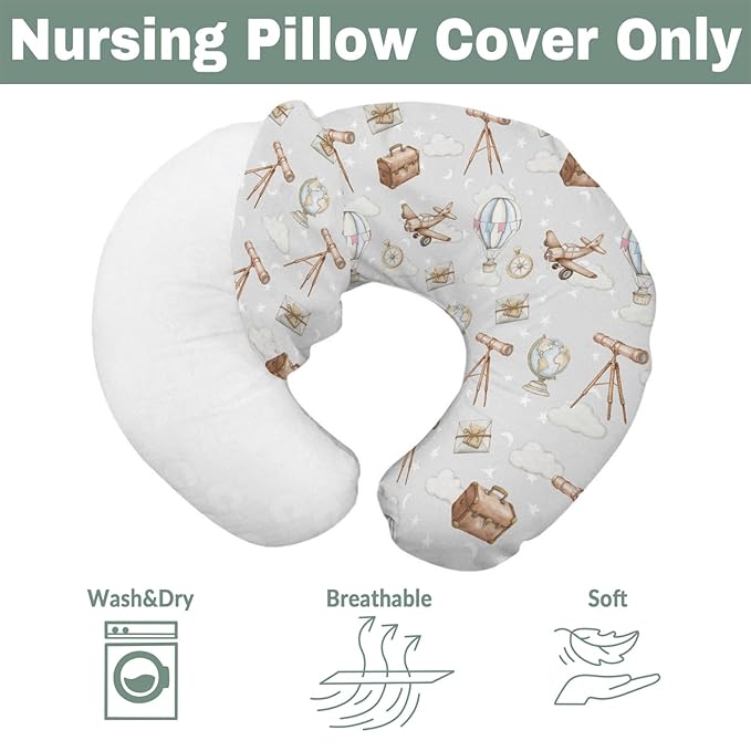 Adventure Nursing Pillow Covers for Boy Girl Travel Planes Compass Luggage Globe Explore Nursing Pillow Slipcovers for Breastfeeding Pillows Holiday Vacation Soft Stretchy Covers for Newborn Infant