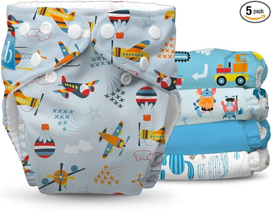 Charlie Banana Cloth Diapers, Reusable, Washable, Adjustable One Size Diaper, for Babies and Toddlers, with Absorbent Inserts - Marvelous Adventures, 5 Pack