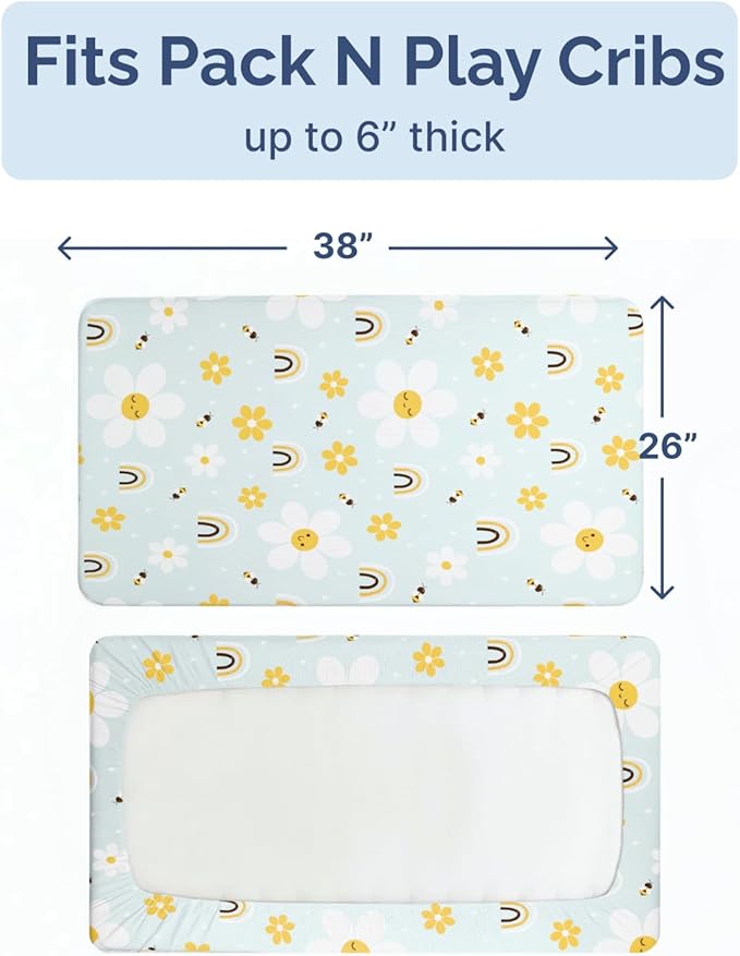 Pack and Play Sheets Fitted - 2 Pack Mini Crib Sheets for Pack N Play Mattress - Unisex Playard Microfiber Bedding for Boys & Girls - Breathable & Wrinkle Free - Oeko-Tex, 38 x 26in - Rainbow Bloom