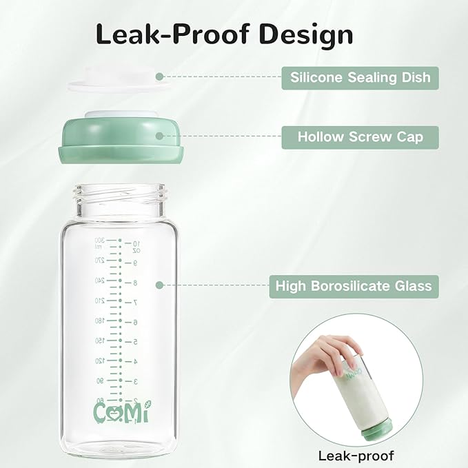 COMI Wide Neck Glass Breastmilk Collection n Storage Bottle, 2 Packs,10oz with Screw Ring Sealing Disk,Re-markable Sealing Disc,BPA Free,Fits Breast Pumps&Nipples(2 Green Lids)