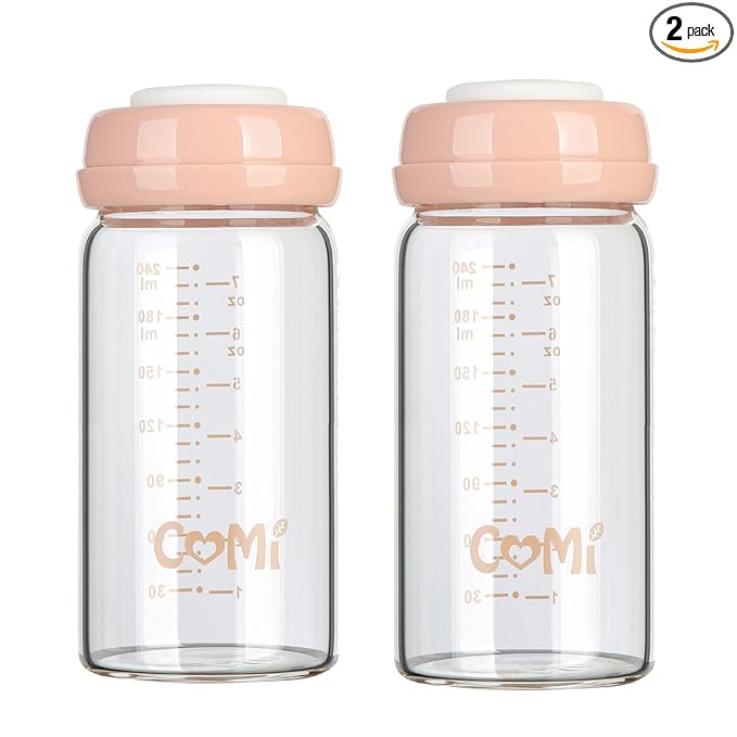 COMI Wide Neck Glass Breastmilk Collection n Storage Bottle, 8oz with Screw Ring Sealing Disk; Re-markable Sealing Disc. BPA Free, Fits Breast Pumps & Nipples (2 Pink Lids)