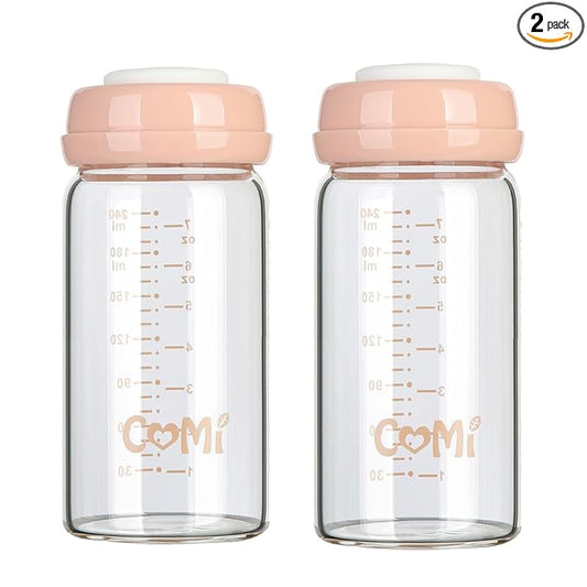 COMI Wide Neck Glass Breastmilk Collection n Storage Bottle, 8oz with Screw Ring Sealing Disk; Re-markable Sealing Disc. BPA Free, Fits Breast Pumps & Nipples (2 Pink Lids)