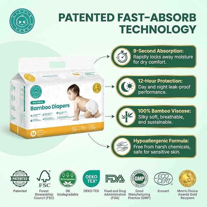 Little Toes Patented Natural Disposable Viscose Diapers ǀ Day and Overnight Diapers ǀ Sustainable ǀ Size 2-3 Medium | 36 Pack