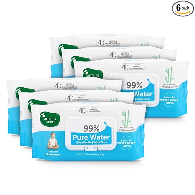 Mother Sparsh 99% Pure Water (Unscented) Baby Wipes I Natural Plant Made Cloth - Super Thick I 72 pcs/Pack - Pack of 6 (Super Saver Pack)