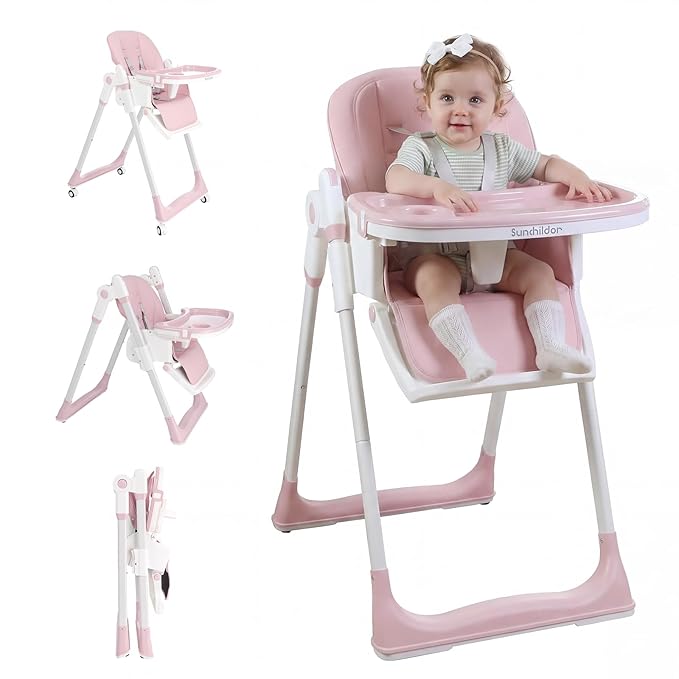 Sunchild 3-in-1 Baby High Chair with Wheels, 5-Point Harness, Tray, Footrest, and Backrest, Foldable and Adjustable for Toddlers 6-36 Months, Pink