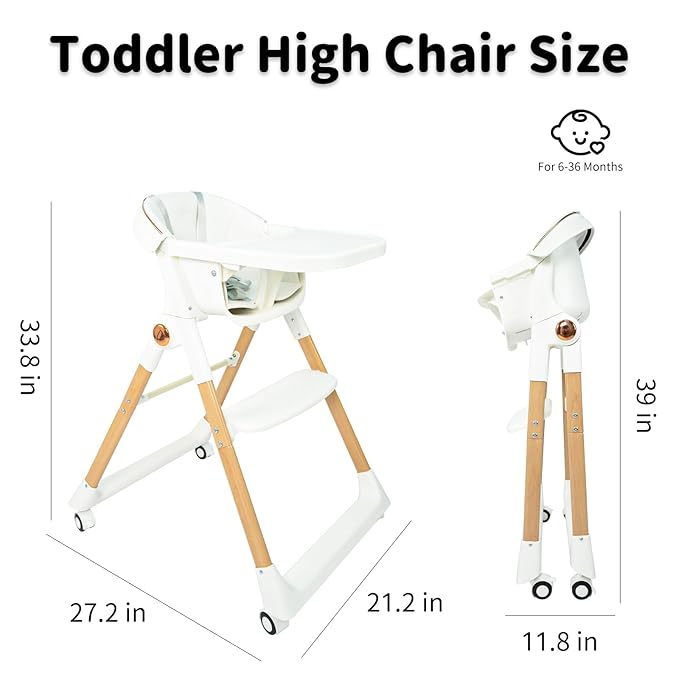 Baby High Chair for Toddler, Foldable High Chair for Dining Table Highchair with 5 Point Harness Seat Removable Adjustable Tray Portable Baby Dinning Chair with Lockable Wheels Easy to Clean Surface