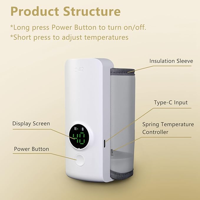 KOCASO Portable Bottle Warmer for Baby - 6 Heating Levels Rechargeable, Keeps Warm 5 Hours, Compatible with All Bottles, Ideal for Breastmilk and Formula on The Go for Home/Family Travel